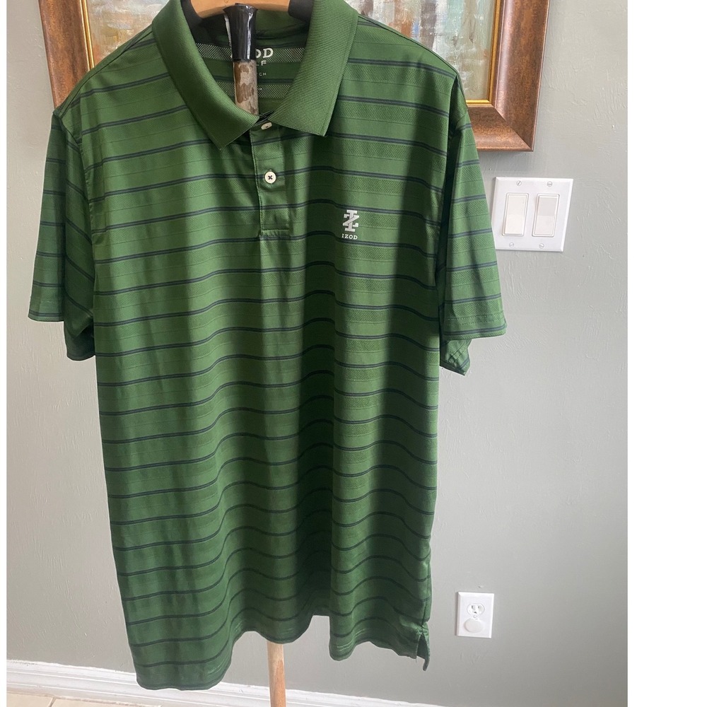 Izod Golf Mens XL Green Striped Performance Polo Shirt Short Sleeve Stretch